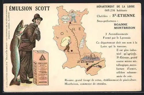 AK Seemann mit grossem Fisch, Karte von Loire mit St. Etienne und Roanne, Reklame für Émulsion Scott