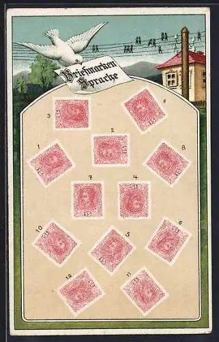 AK Briefmarkensprache, Taube mit Brief im Schnabel, Briefmarken und ihre Bedeutungen