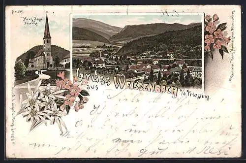 Vorläufer-Lithographie Weissenbach an der Triesting, 1895, Gesamtansicht, Herz-Jesu-Kirche