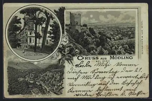 Mondschein-Lithographie Mödling bei Wien, Hotel Hayjek, Mödling Klausen, Ortsansicht