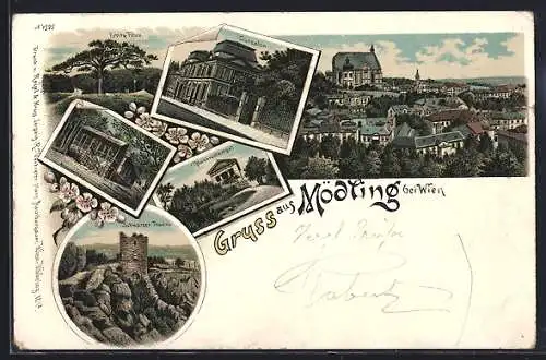 Lithographie Mödling, Kursalon, Schwarzer Turm, Husarentempel