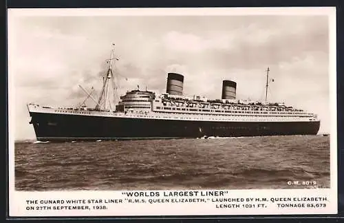 AK Passagierschiff RMS Queen Elizabeth auf hoher See, Cunard White Star Liner