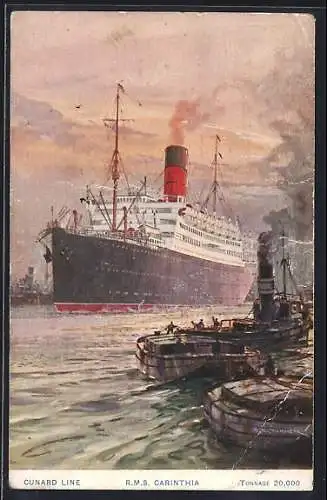 Künstler-AK Passagierschiff R. M. S. Carinthia im Hafen, Cunard Line