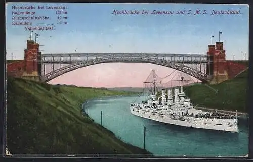 AK Hochbrücke bei Levensau und S. M. S. Deutschland, Kriegsschiff