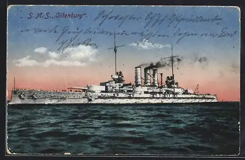 AK Kriegsschiff SMS Oldenburg auf offener See