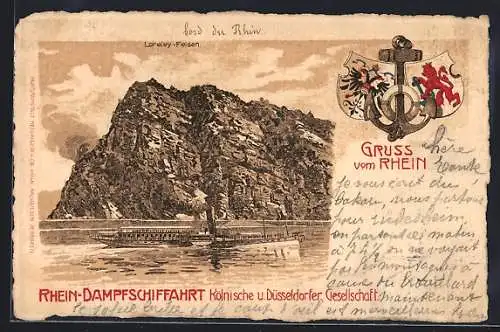 Lithographie Rhein-Dampfer der Kölnischen & Düsseldorfer Gesellschaft vor dem Loreley-Felsen