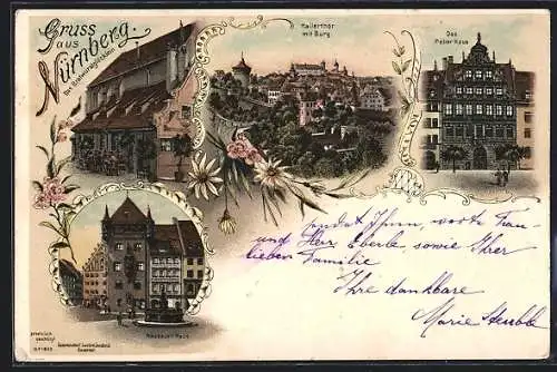 Lithographie Nürnberg, Gasthaus Bratwurstglöcklein, Nassauer Haus, Pelier-Haus