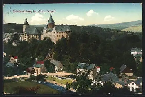 AK Schwarzenberg / Erzgeb., Teilansicht mit Schloss