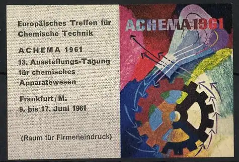 Reklamemarke Frankfurt, ACHEMA 1961, Zahnrad und abstrakte Kunst