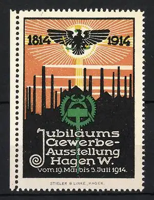 Reklamemarke Hagen, Jubiläums-Gewerbeausstellung 1914, Adler und Stadtansicht