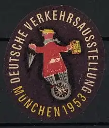 Reklamemarke München, Deutsche Verkehrsausstellung 1953, Einradfahrer mit Schirm und Koffer