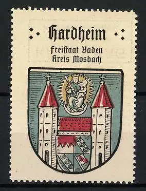 Reklamemarke Hardheim, Freistaat Baden Kreis Mosbach, Wappen mit Madonna und Türmen