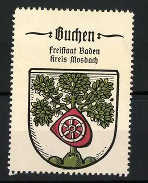 Reklamemarke Buchen, Freistaat Baden Kreis Mosbach, Wappen mit Baum und Rad