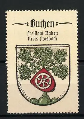 Reklamemarke Buchen, Freistaat Baden Kreis Mosbach, Baum mit Rad im Wappen