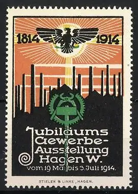 Reklamemarke Hagen, Jubiläums-Gewerbeausstellung 1914, Adler und Fabriken