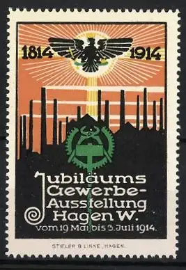 Reklamemarke Hagen, Jubiläums-Gewerbeausstellung 1914, Adler und Fabriksilhouette