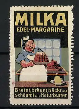 Reklamemarke Milka Edel-Margarine, Bäckerin mit Kuchen