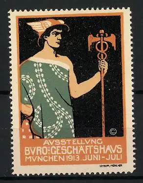 Reklamemarke München, Ausstellung Büro-Geschäftshaus 1913 Juni-Juli, Hermes mit Caduceus