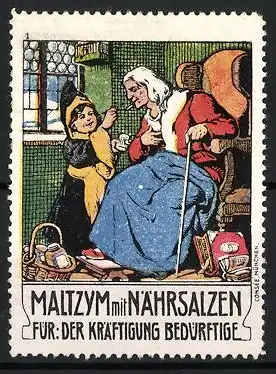 Reklamemarke MALIZYM mit Nährsalzen, ältere Frau und Kind im Gespräch