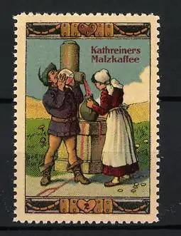 Reklamemarke Kathreiners Malzkaffee, Landarbeiter und Bäuerin trinken Wein im Schlaraffenland