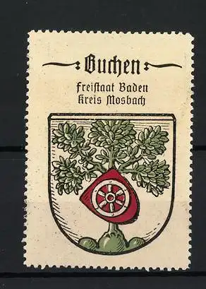 Reklamemarke Buchen, Freistaat Baden Kreis Mosbach, Baum mit Radwappen