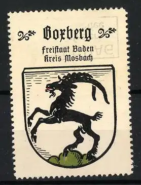 Reklamemarke Boxberg, Freistaat Baden Kreis Mosbach, Schwarzer Ziegenbock auf Wappen