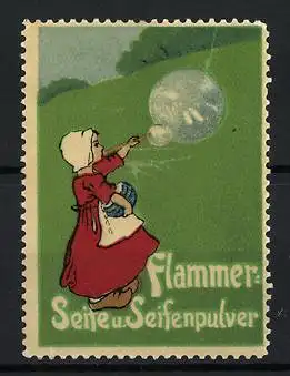 Reklamemarke Flammer Seife u. Seifenpulver, Kind mit Seifenblase