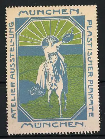 Reklamemarke München, Atelier Ausstellung Plastischer Plakate, Reiterin mit Palette