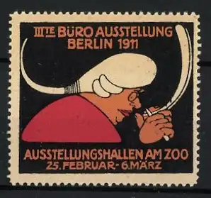 Reklamemarke Berlin, III. Büro Ausstellung 1911, Mann mit Federkiel