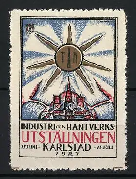 Reklamemarke Karlstad, Industri och Hantverksutställningen, Ausstellung 1927, Sonne über Stadtansicht