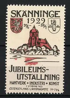 Reklamemarke Skänninge, Jubiläumsausstellung 1929, Kirche und Wappen