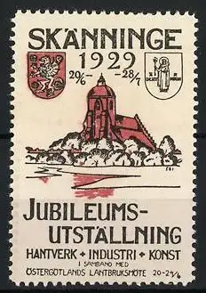 Reklamemarke Skänninge, Jubiläumsausstellung 1929, Kirche und Wappen