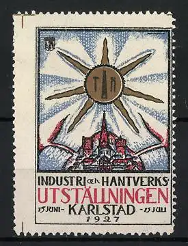 Reklamemarke Karlstad, Industri och Hantverksutställningen, Ausstellung 1927, Sonne über Stadtansicht