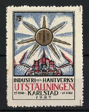 Reklamemarke Karlstad, Industri och Hantverksutställningen, Ausstellung 1927, Sonne und Gebäude