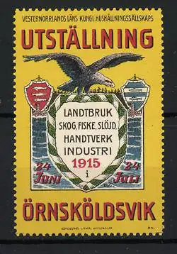 Reklamemarke Örnsköldsvik, Ausstellung 1915, Adler über Wappen