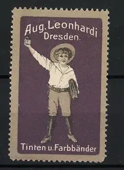 Reklamemarke Dresden, Aug. Leonhardi, Junge mit Tinte und Farbbändern