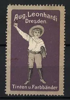 Reklamemarke Dresden, Aug. Leonhardi, Junge mit Hut und Tintenflasche