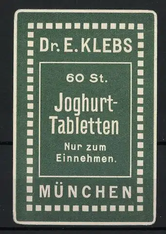 Reklamemarke München, Dr. E. Klebs Joghurt-Tabletten, Tablettenverpackung