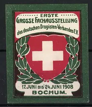 Reklamemarke Bochum, Erste Grosse Fachausstellung 1908, rotes Kreuz auf Wappen