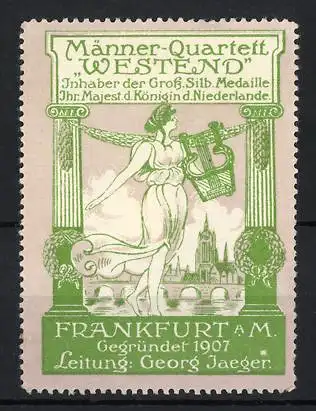 Reklamemarke Frankfurt, Männer-Quartett Westend, Stadtansicht mit Brücke und Harfe, 1907, Leitung: Georg Jaeger