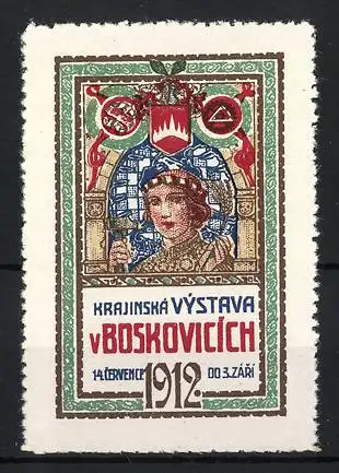 Reklamemarke Boskovice, Krajinská Výstava 1912, Frau mit Lorbeerkranz