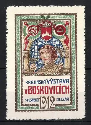 Reklamemarke Boskovice, Krajinská Výstava 1912, Dame mit Wappen