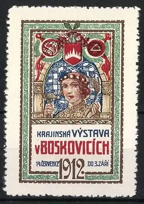 Reklamemarke Boskovice, Krajinská Výstava 1912, Frau mit Krone und Wappen