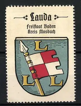 Reklamemarke Lauda, Freistaat Baden Kreis Mosbach, Wappen mit Fahne