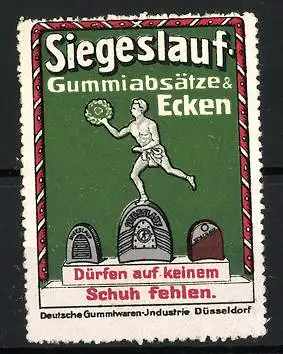 Reklamemarke Düsseldorf, Siegeslauf Gummiabsätze & Ecken, laufender Mann mit Kranz