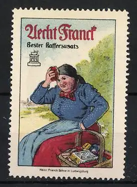 Reklamemarke Ludwigsburg, Aecht Franck Kaffee, Frau mit Korb voller Kaffeepackungen