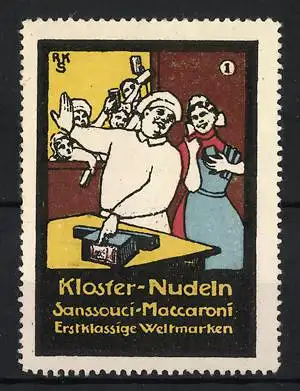 Reklamemarke Kloster-Nudeln, Sanssouci-Maccaroni, Koch mit Nudelpackung