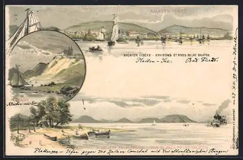 Lithographie Balaton-Füred, Drei Motive vom Plattensee