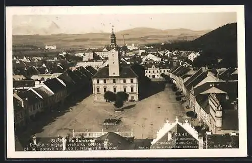 AK Susice, Blick auf die Kirche und den Marktplatz