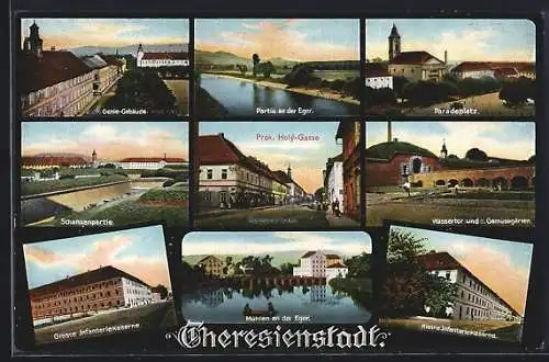 AK Theresienstadt, Pragerstrasse, Kleine Infanteriekaserne, Mühlen an der Eger